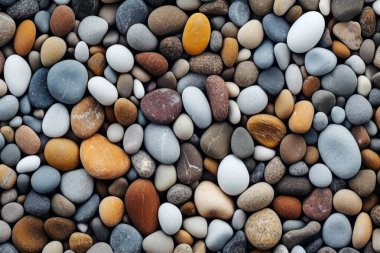 Sahildeki çakıl taşlarının yüzey dokusunun işlenmiş kolajı. Pankart, arkaplan veya 3B haritalama için doku