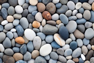 Deniz kıyısı çakıl taşları dokusunun işlenmiş kolajı. Pankart, arkaplan veya 3B haritalama için doku