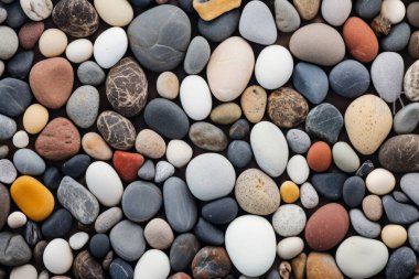 Sahildeki çakıl taşlarının yüzey dokusunun işlenmiş kolajı. Pankart, arkaplan veya 3B haritalama için doku