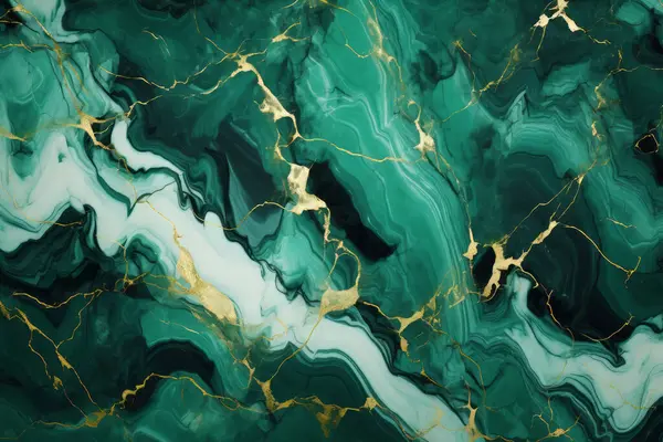 Zümrüt yeşili ve altın mermer desenli işlenmiş kolaj. Pankart, arkaplan veya 3B haritalama için doku