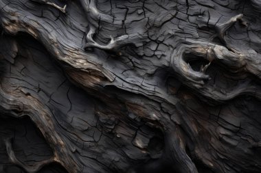 Eski siyah ağaç kabuğu yüzey dokusunun işlenmiş kolajı. Pankart, arkaplan veya 3B haritalama için doku