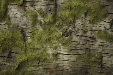 Ağaç kabuğu yüzeyinde işlenmiş yosun kolajı. Pankart, arkaplan veya 3B haritalama için doku