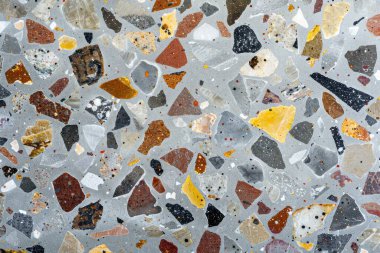 Gri terrazzo desenli fotoğraf yüzey yüzeyine yakın çekim. Arkaplan veya haritalama için arkaplan dokusu