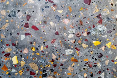 Gri terrazzo desenli fotoğraf yüzey yüzeyine yakın çekim. Arkaplan veya haritalama için arkaplan dokusu