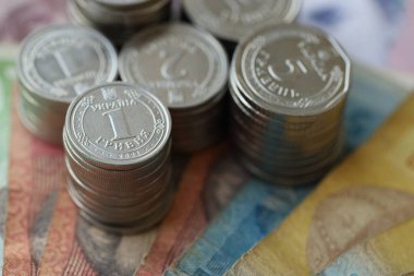 Birkaç yığın Ukrayna parası eski Hryvnia banknotlarının üzerinde yatıyor.