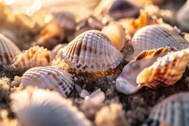 Yığınla deniz kabuğunun tonlanmış görüntüsü. Bir sürü deniz kabuğu üst üste yığılmış. Yakın plan.