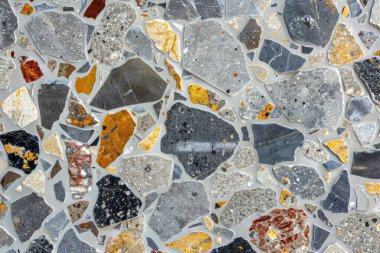 Gri terrazzo desenli fotoğraf yüzey yüzeyine yakın çekim. Arkaplan veya haritalama için arkaplan dokusu