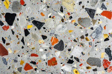 Gri terrazzo desenli fotoğraf yüzey yüzeyine yakın çekim. Arkaplan veya haritalama için arkaplan dokusu