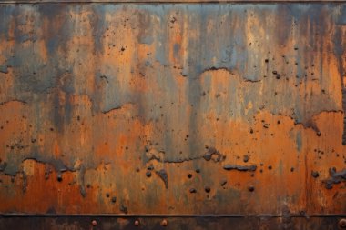 Gündüz vakti paslı metal yaprak dokusunun işlenmiş kolajı. Pankart, arkaplan veya 3B haritalama için doku