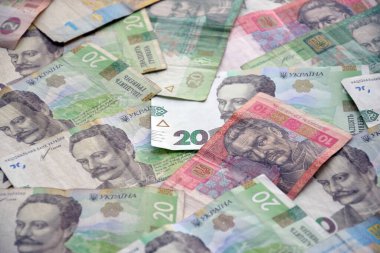 Ukrayna 'nın işlenmiş Hryvnia UAH kolajı banknotların dokusunu destekler. Pankart, arkaplan veya 3B haritalama için doku