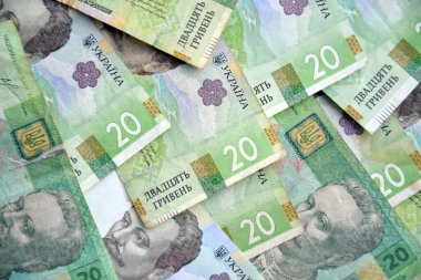 Ukrayna 'nın işlenmiş Hryvnia UAH kolajı banknotların dokusunu destekler. Pankart, arkaplan veya 3B haritalama için doku