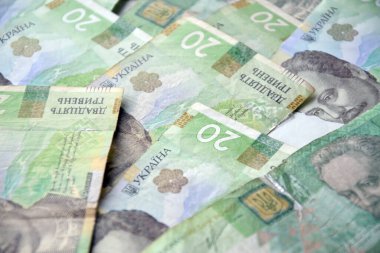 Ukrayna 'nın işlenmiş Hryvnia UAH kolajı banknotların dokusunu destekler. Pankart, arkaplan veya 3B haritalama için doku