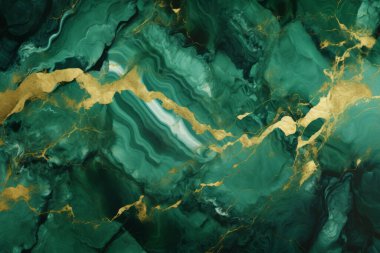 Zümrüt yeşili ve altın mermer desenli işlenmiş kolaj. Pankart, arkaplan veya 3B haritalama için doku