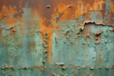 İşlenmiş grunge parçalı kolajı paslı, güpegündüz desenli metal. Pankart, arkaplan veya 3B haritalama için doku