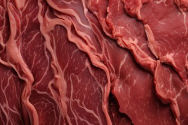 İşlenmiş taze çiğ et yüzey dokusu kolajı. Pankart, arkaplan veya 3B haritalama için doku