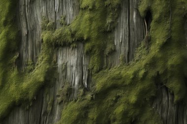 Ağaç kabuğu yüzeyinde işlenmiş yosun kolajı. Pankart, arkaplan veya 3B haritalama için doku