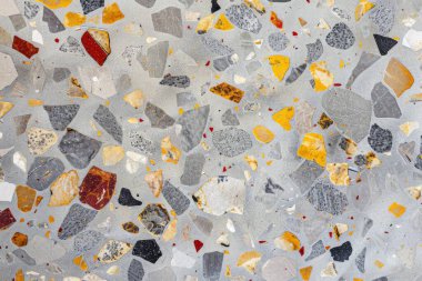 Gri terrazzo desenli fotoğraf yüzey yüzeyine yakın çekim. Arkaplan veya haritalama için arkaplan dokusu
