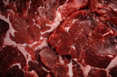 İşlenmiş taze çiğ et yüzey dokusu kolajı. Pankart, arkaplan veya 3B haritalama için doku