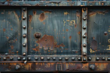 Pas metal duvarlı tren vagonunun yan görüntüsü. Yakından. Arkaplan veya haritalama için arkaplan dokusu