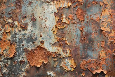 Eski paslanmış ve paslanmış metal yüzeyin kabuğu soyulmuş. Arkaplan veya haritalama için arkaplan dokusu