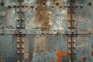 Eski, paslı, gri ve turuncu metal levhaların fotoğrafı. Arkaplan veya haritalama için arkaplan dokusu