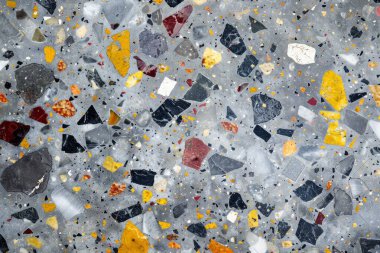 Gri terrazzo desenli fotoğraf yüzey yüzeyine yakın çekim. Arkaplan veya haritalama için arkaplan dokusu