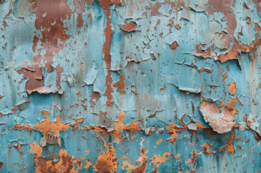 Eski paslanmış ve paslanmış metal yüzeyin kabuğu soyulmuş. Arkaplan veya haritalama için arkaplan dokusu