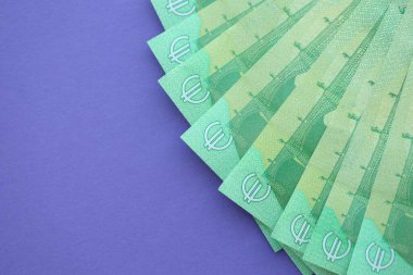 Leylak arkaplanına 100 Euro 'luk büyük meblağ. Yakın plan.