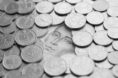 Grigori Skovoroda, 500 Ukrayna Hryvnias para banknotundan gümüş Ukrayna paralarıyla çevrili.