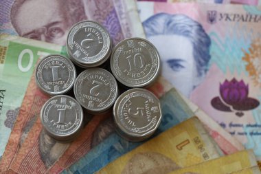 Birkaç yığın Ukrayna parası eski Hryvnia banknotlarının üzerinde yatıyor.