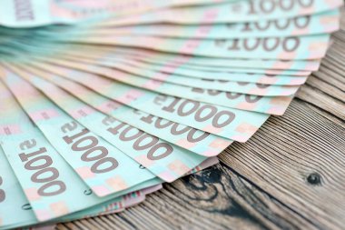 Ahşap arka planda modern tasarımı olan büyük miktarda Ukrayna yapımı 100 Hryvnia para faturası. Finansal konsept, iş ücretleri