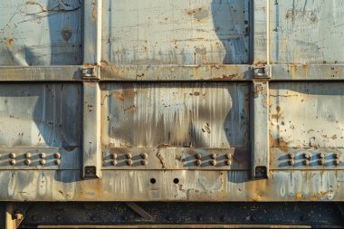 Pas metal duvarlı tren vagonunun yan görüntüsü. Yakından. Arkaplan veya haritalama için arkaplan dokusu