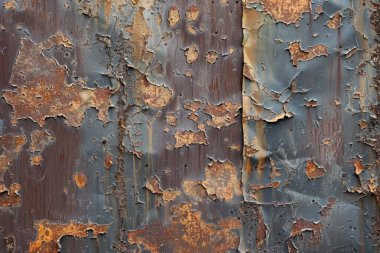 Eski paslanmış ve paslanmış metal yüzeyin kabuğu soyulmuş. Arkaplan veya haritalama için arkaplan dokusu