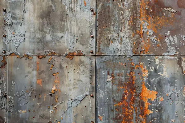 Eski, paslı, gri ve turuncu metal levhaların fotoğrafı. Arkaplan veya haritalama için arkaplan dokusu