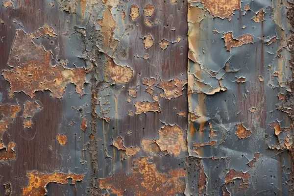 Eski paslanmış ve paslanmış metal yüzeyin kabuğu soyulmuş. Arkaplan veya haritalama için arkaplan dokusu