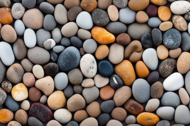 Deniz kıyısı çakıl taşları dokusunun işlenmiş kolajı. Pankart, arkaplan veya 3B haritalama için doku