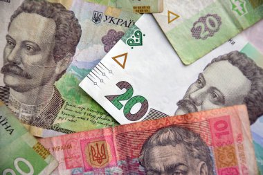 Ukrayna 'nın işlenmiş Hryvnia UAH kolajı banknotların dokusunu destekler. Pankart, arkaplan veya 3B haritalama için doku