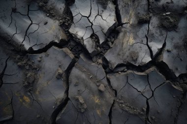 Kuraklığın işlenmiş kolajı kuru yüzey dokusunda büyük çatlaklar. Pankart, arkaplan veya 3B haritalama için doku