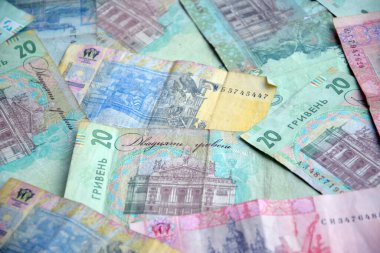 Ukrayna 'nın işlenmiş Hryvnia UAH kolajı banknotların dokusunu destekler. Pankart, arkaplan veya 3B haritalama için doku