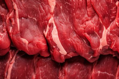İşlenmiş taze çiğ et yüzey dokusu kolajı. Pankart, arkaplan veya 3B haritalama için doku
