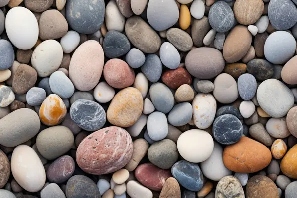 Deniz kıyısı çakıl taşları dokusunun işlenmiş kolajı. Pankart, arkaplan veya 3B haritalama için doku