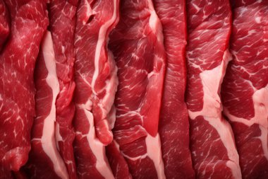 İşlenmiş taze çiğ et yüzey dokusu kolajı. Pankart, arkaplan veya 3B haritalama için doku