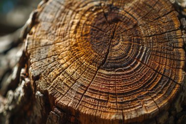 Ağaç halkasının işlenmiş görüntüsü eski yıpranmış ahşap doku ile kesilmiş kütüğün kesiti yakın çekim