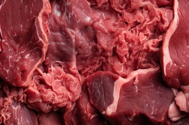 İşlenmiş taze çiğ et yüzey dokusu kolajı. Pankart, arkaplan veya 3B haritalama için doku