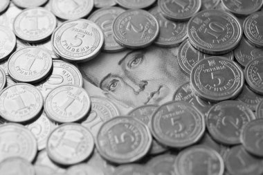 Grigori Skovoroda, 500 Ukrayna Hryvnias para banknotundan gümüş Ukrayna paralarıyla çevrili.