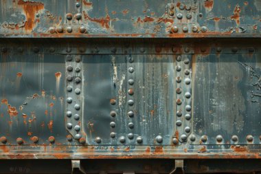 Pas metal duvarlı tren vagonunun yan görüntüsü. Yakından. Arkaplan veya haritalama için arkaplan dokusu