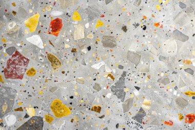 Gri terrazzo desenli fotoğraf yüzey yüzeyine yakın çekim. Arkaplan veya haritalama için arkaplan dokusu