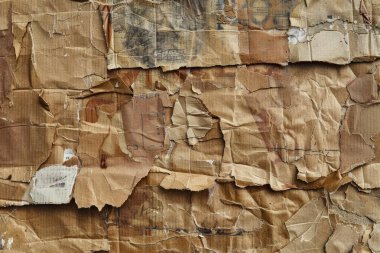 Buruşuk kahverengi karton kağıdın fotoğrafı. Kapatın. Arkaplan veya haritalama için arkaplan dokusu