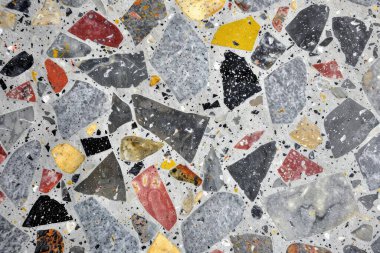 Gri terrazzo desenli fotoğraf yüzey yüzeyine yakın çekim. Arkaplan veya haritalama için arkaplan dokusu