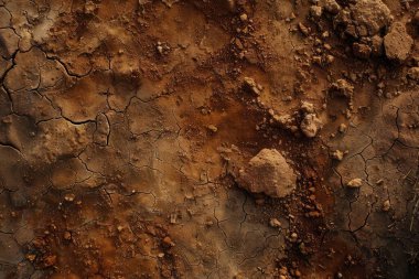 Kahverengi toprak yüzeyi fotoğrafı. Yakın çekim. Arkaplan veya haritalama için arkaplan dokusu